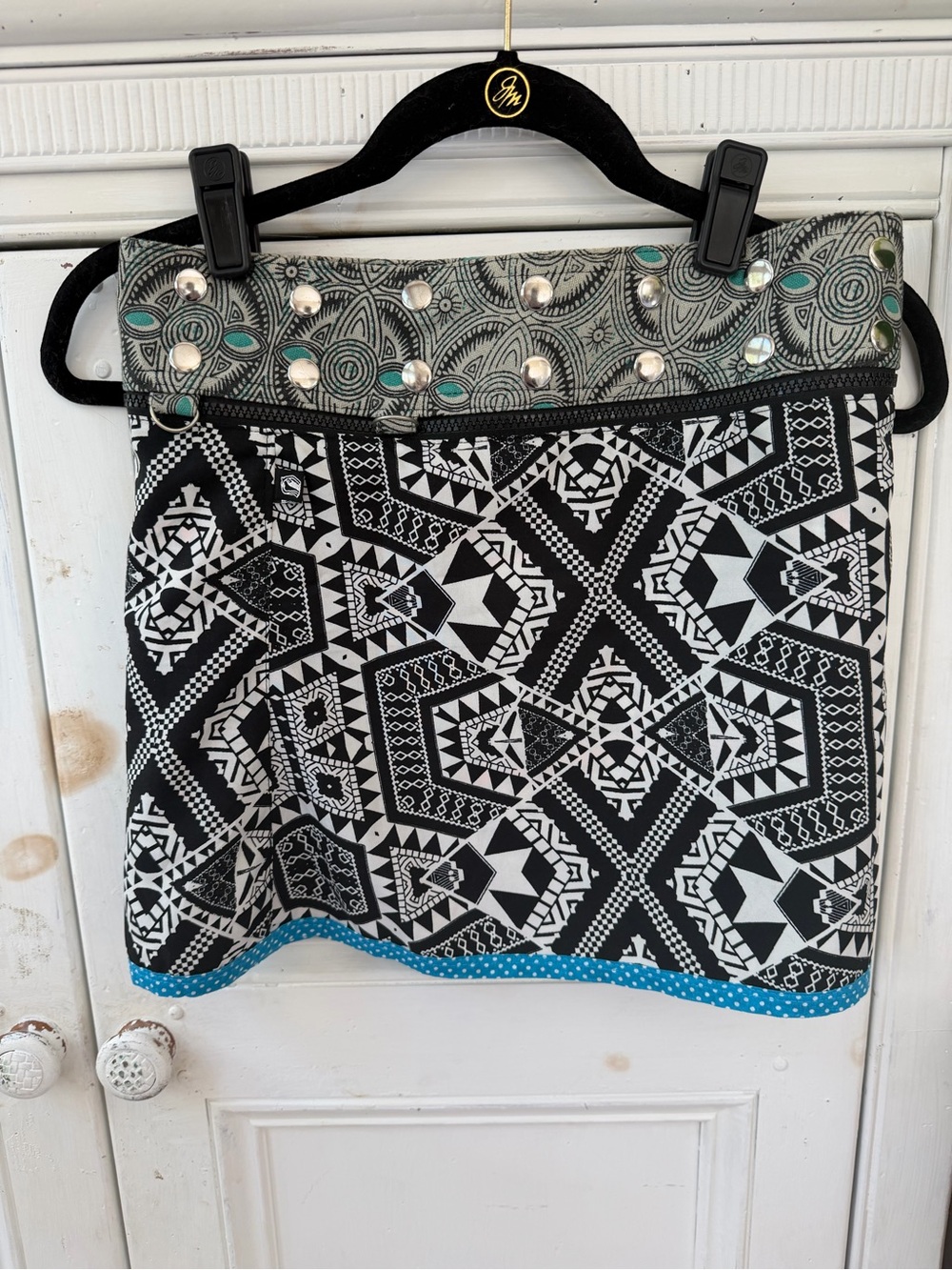 Zand Amsterdam  Black & White Geometric Mini Skirt with Turquoise Trim